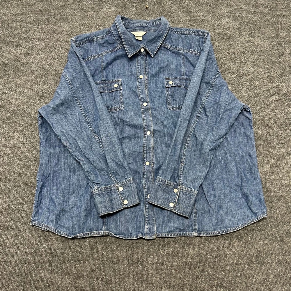 CJ Banks Denim Shirt Womens Size 3X Blue Cotton Long Sleeve Snap Button Down